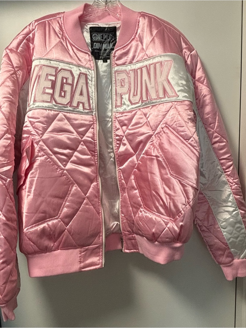 Dim Mak Mega Punk Quilted Pink Satin Bomber Jacket Sz Large